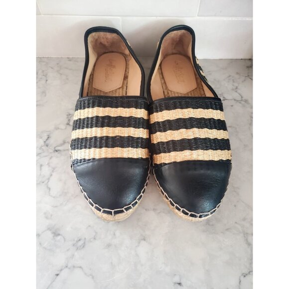 Black Natural Raffia Espadrilles Loeffler Randall Flat Woven Leather Trim Size 6 - Picture 1 of 10